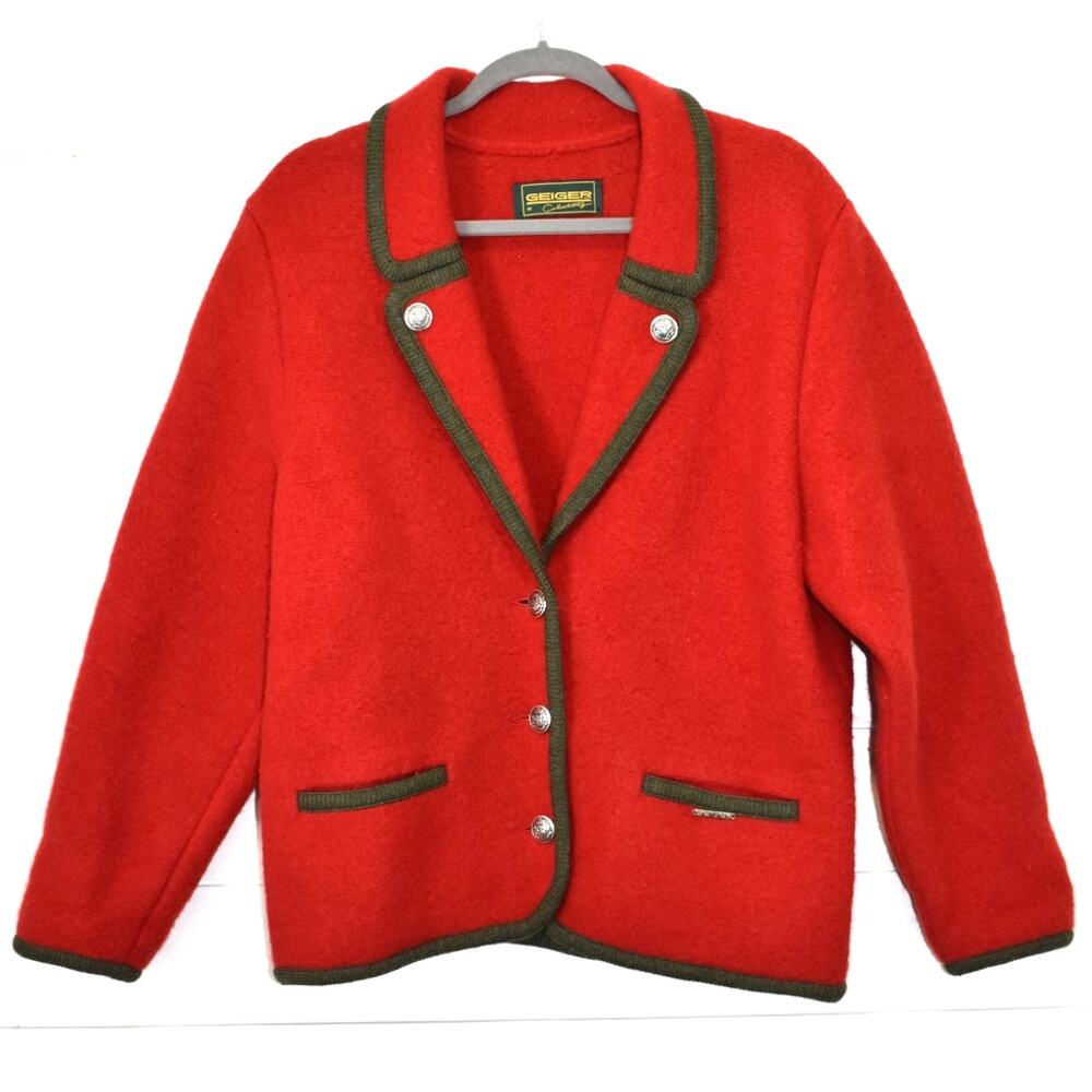 GEIGER Boiled Wool Jacket Blazer Red Sz 40/10 Silver Buttons Classic Academia